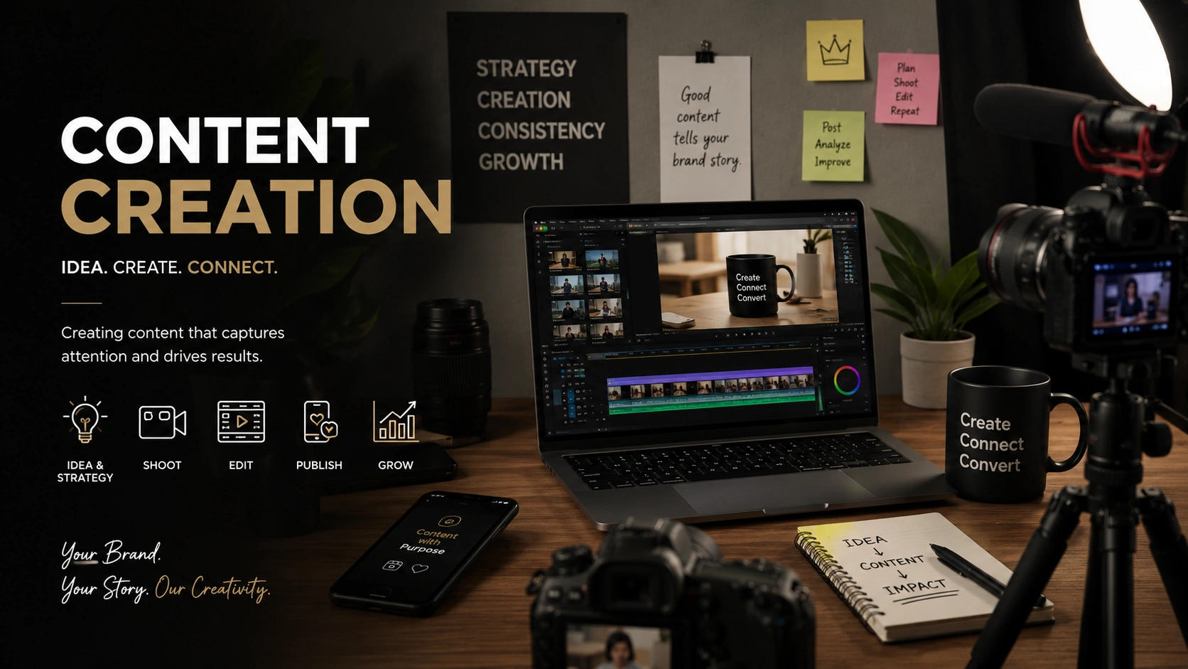 Content creation services in Kottakkal, Kerala — social media graphics, short-form video, reels, brand storytelling and copywriting